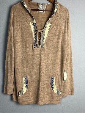 Skonhet Wonen's Cozy Tan Hooded Pullover with Embroidered Trim